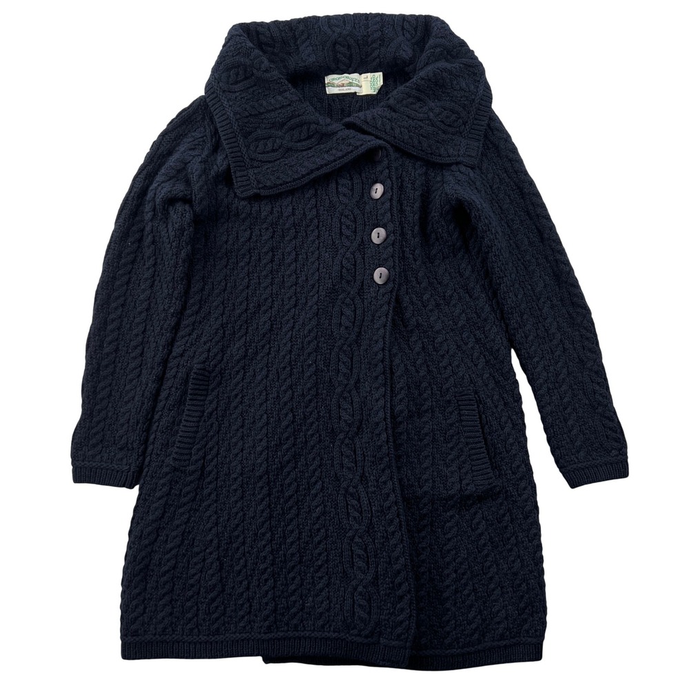 Aran Crafts Large Collar Cardigan Sweater Women L Blue Cable Knit Merino Wool